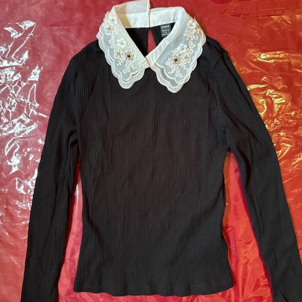 SHEIN Black Ribbed Long-Sleeve Top with White Embroidered Peter Pan Collar - Picture 1 of 5